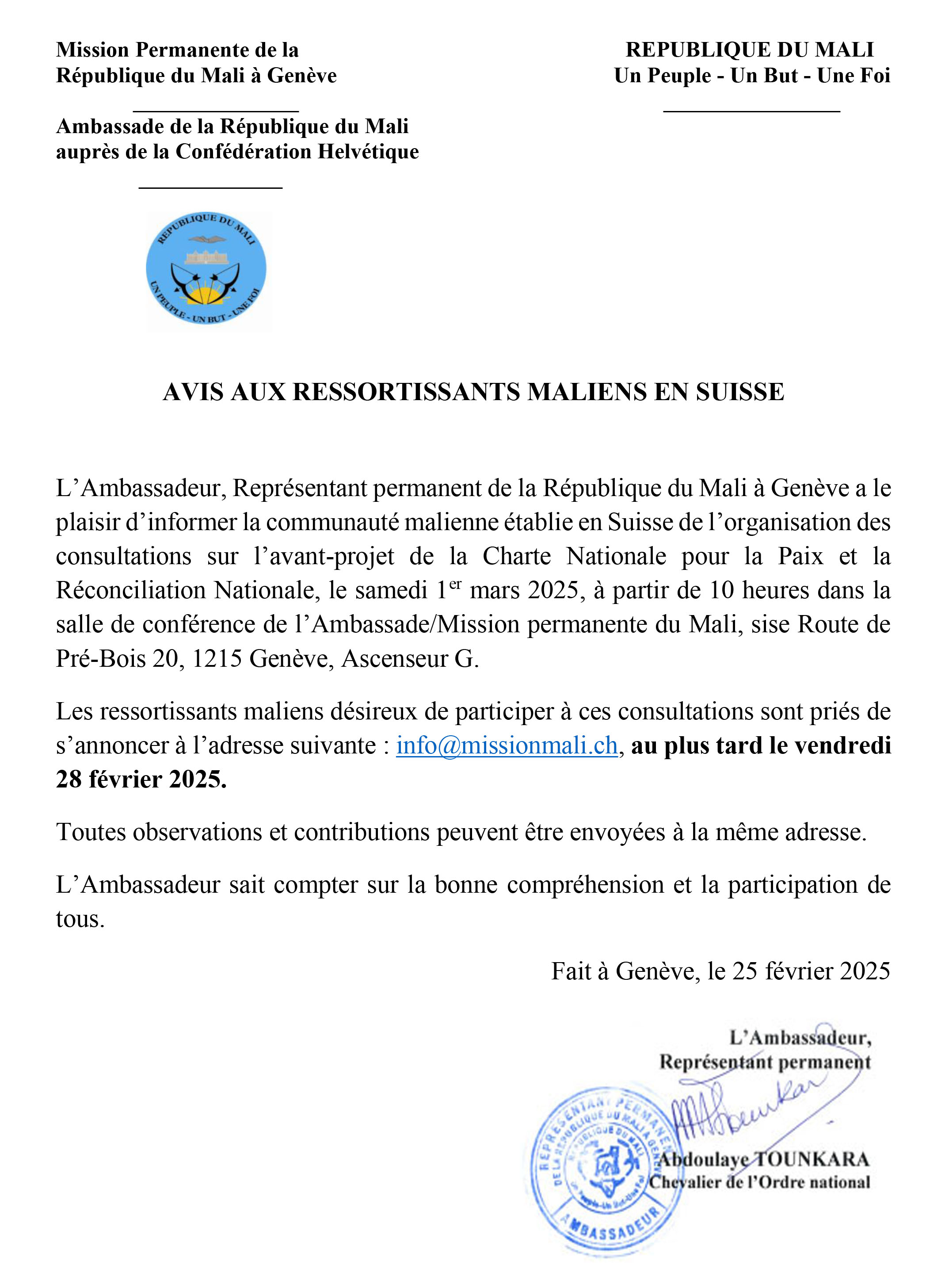Organisation des consultations sur l’avant-projet de la Charte Nationale pour la Paix et la Réconciliation Nationale, le samedi 1er mars 2025